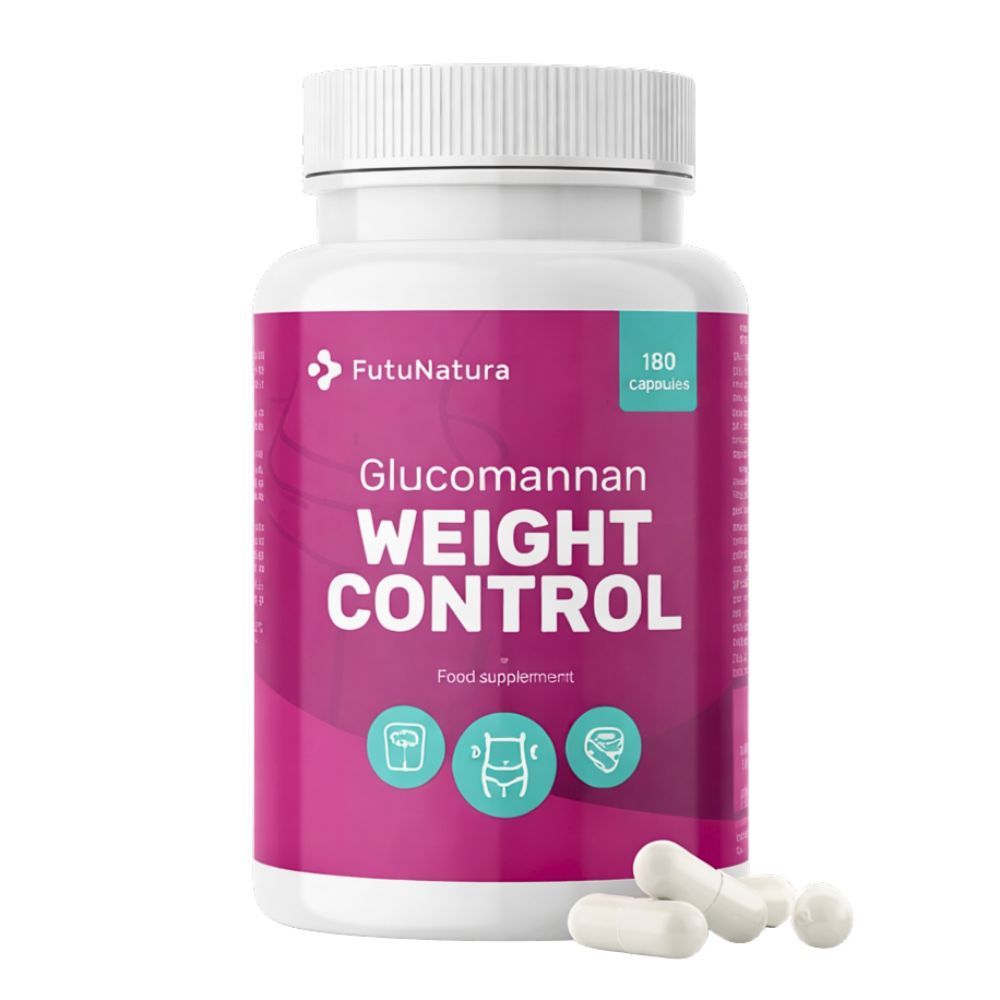 Witte fles met capsules. Opschrift: Glucomannan Weight Control. 180 capsules. Roze etiket met iconen.
