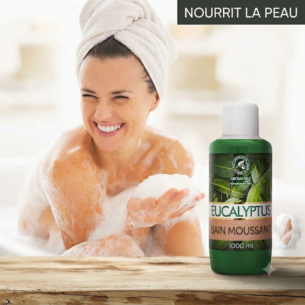 Bouteille verte de bain moussant à l'eucalyptus, 1000 ml.