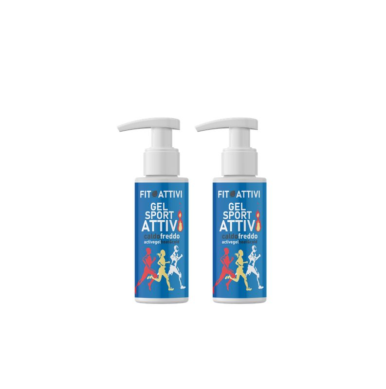Deux flacons bleus avec pompe blanche. Inscription: FIT ATTIVI GEL SPORT ATTIVI freddo. Illustration de coureurs.