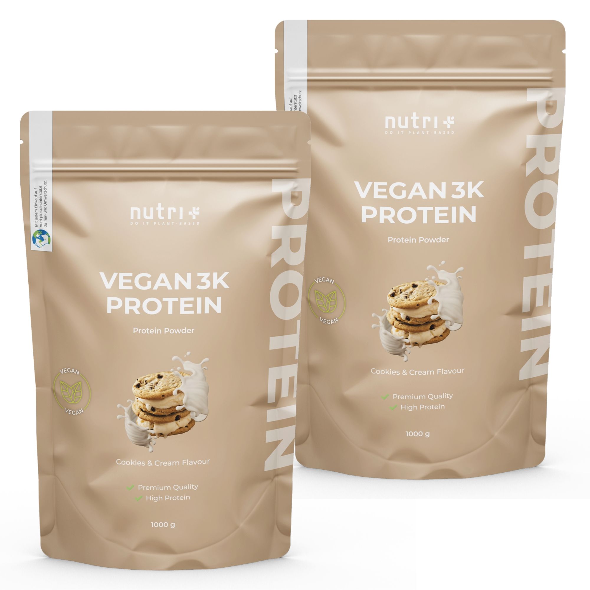 Deux sachets nutri+ Vegan 3K Protein, saveur Cookies & Cream. Inscription : Vegan, Premium Quality, High Protein. 1000 g.