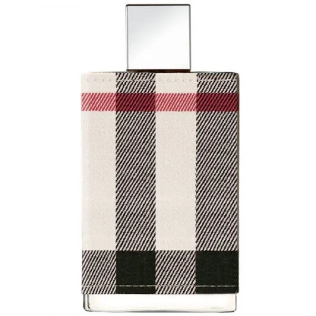 Flacon de parfum avec revêtement en tissu à carreaux. Bouchon argenté. Forme rectangulaire.
