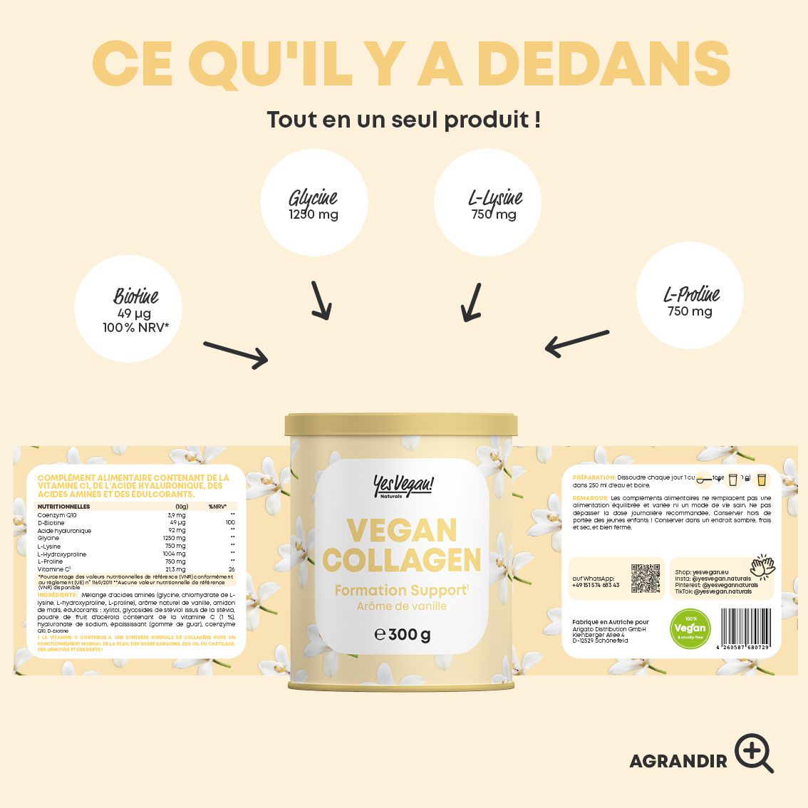 Boîte de poudre de collagène végétalien vanille avec étiquette '100% Vegan'.
