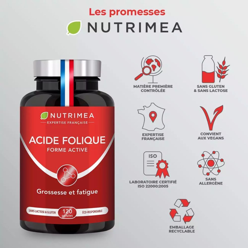 Flacon foncé de gélules. Étiquette rouge avec texte blanc. Texte : Acide Folique, Forme Active. 120 gélules.
