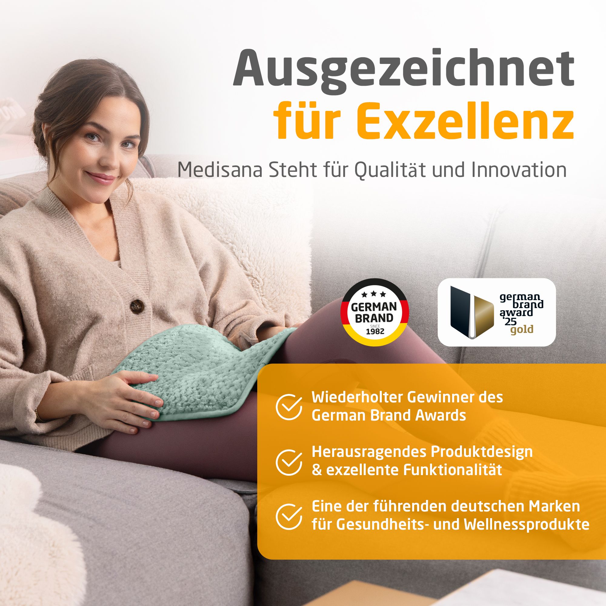 Femme avec coussin chauffant. German Brand Award. German Brand Award 25 gold. Lauréat German Brand Awards.
