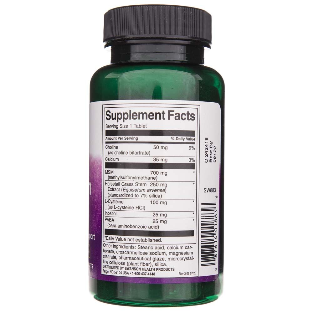 Groene pillenpot met "Supplement Facts"-etiket met ingrediënten zoals choline, calcium, MSM en L-cysteïne.