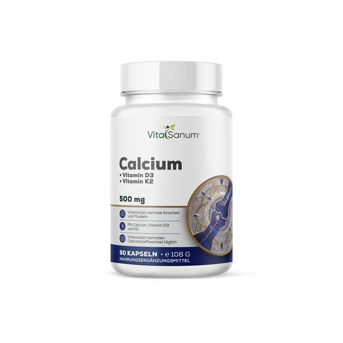 Bouteille de VitaSanum Calcium + Vitamine D3 + Vitamine K2, 500mg, 90 gélules.