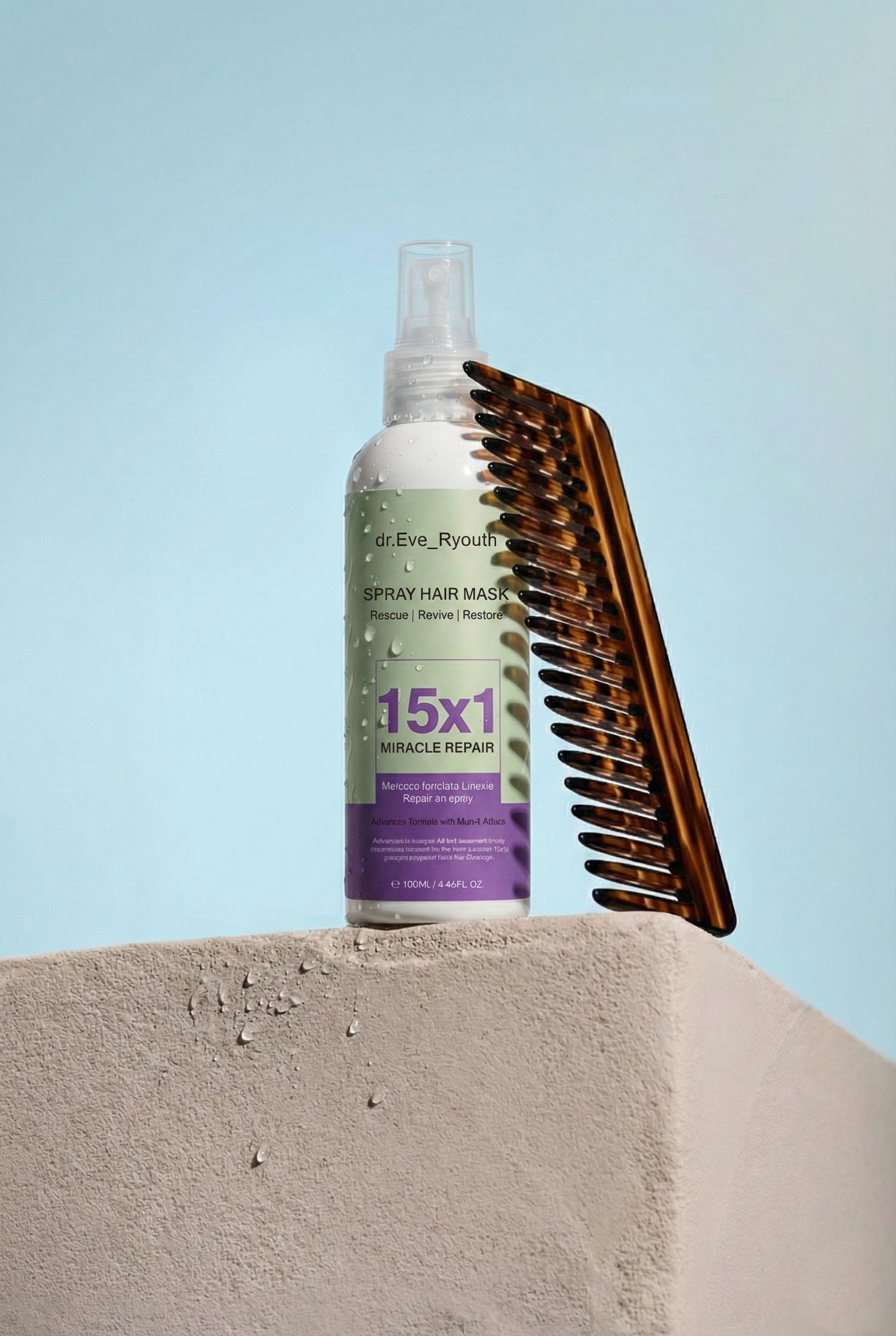 Spray haarmasker met 15x1 Miracle Repair formule en een kam op een steen.