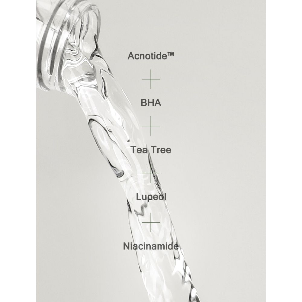 Vloeistof die uit een fles stroomt. Opschriften: Acnotide, BHA, Tea Tree, Lupeol, Niacinamide.