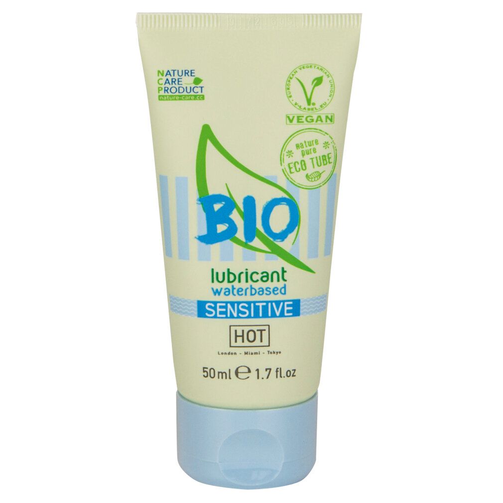 BIO SENSITIVE HOT glijmiddel, waterbasis, 50ml tube. 'Nature Care Product' en 'Vegan' keurmerk.