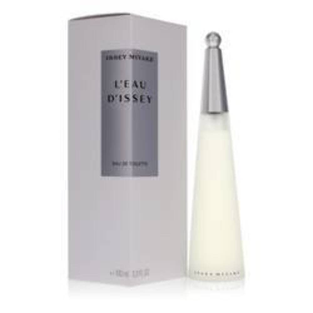 Flacon et emballage Issey Miyake L'Eau D'Issey. Flacon blanc avec bouchon argenté. Emballage blanc avec logo.