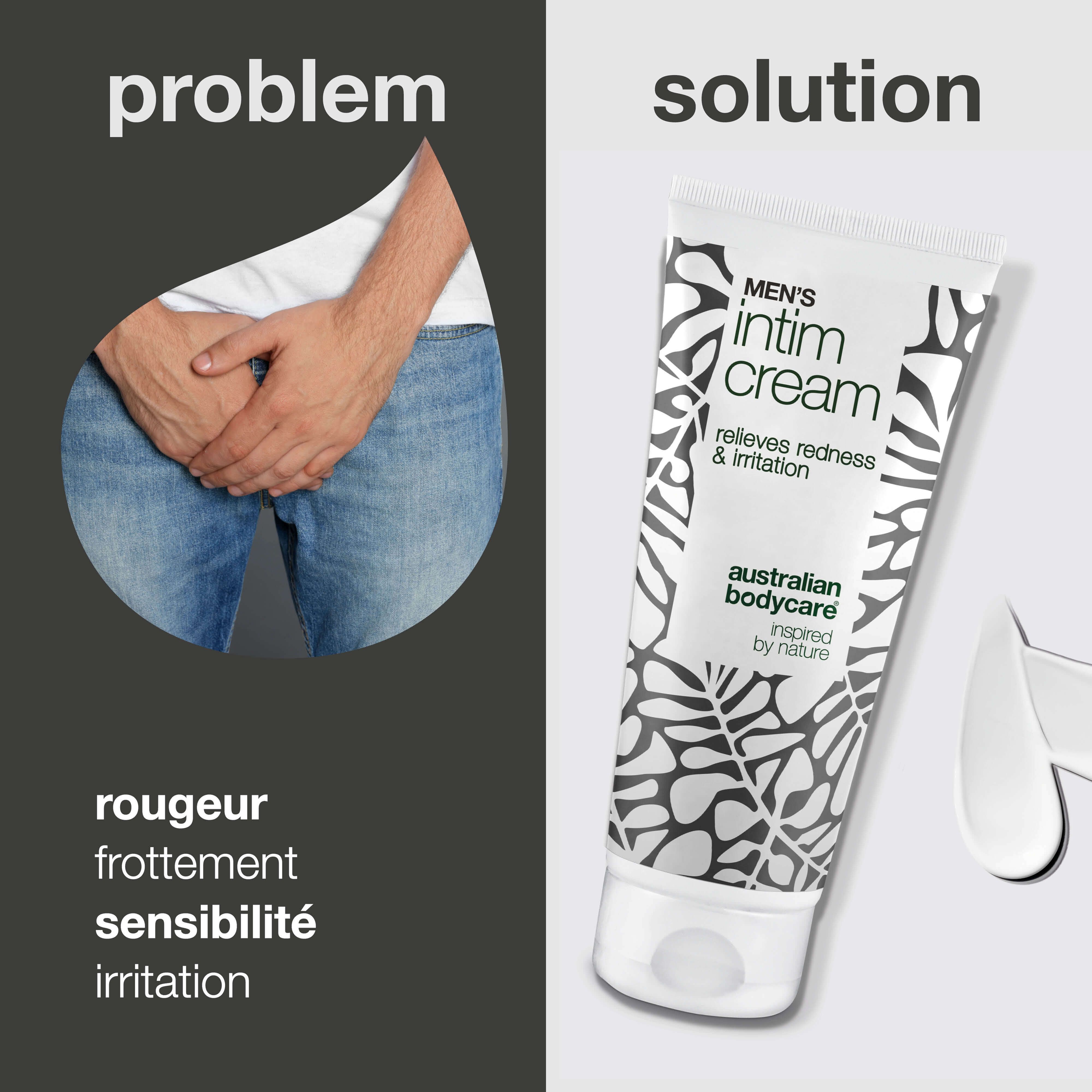 Comparaison: problème et solution. Gauche: homme avec mains sur l'entrejambe. Droite: tube de crème intime. Texte: rougeur, frottement, sensibilité, irritation.