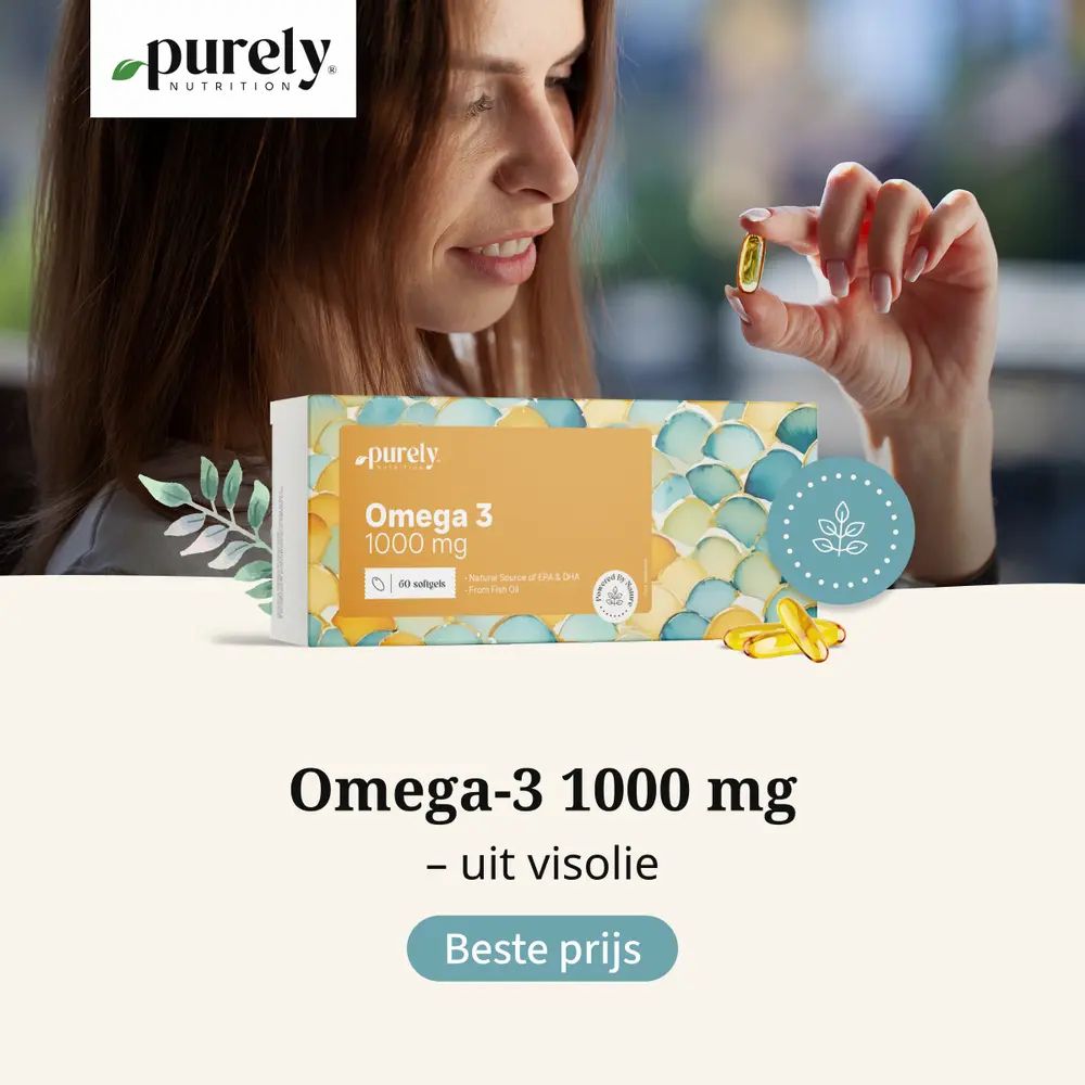 Vrouw met verpakking en capsules. Opschrift: Omega-3 1000 mg - uit visolie. Tekst: Beste prijs.