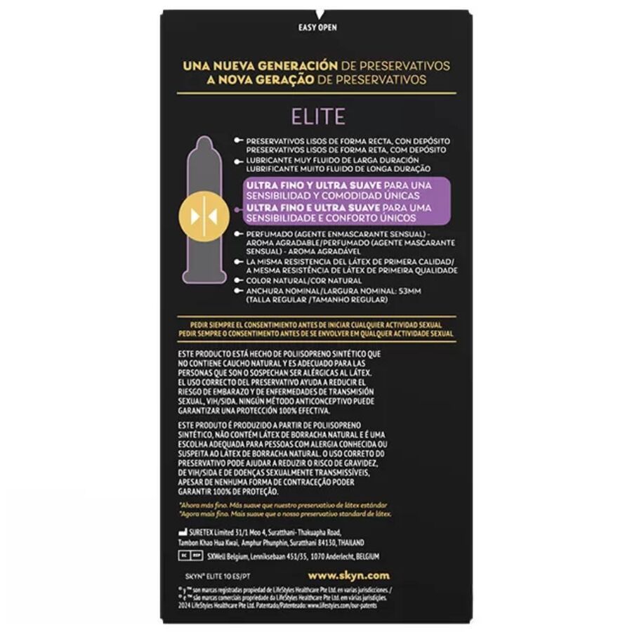 Emballage noir avec informations produit. Texte multilingue. Nom du produit : Elite. Détails des caractéristiques et ingrédients.