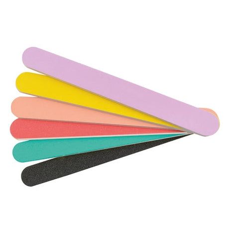 Six limes à ongles multicolores en éventail. Couleurs: rose, jaune, orange, rouge, turquoise et noir. Grain 80/120.