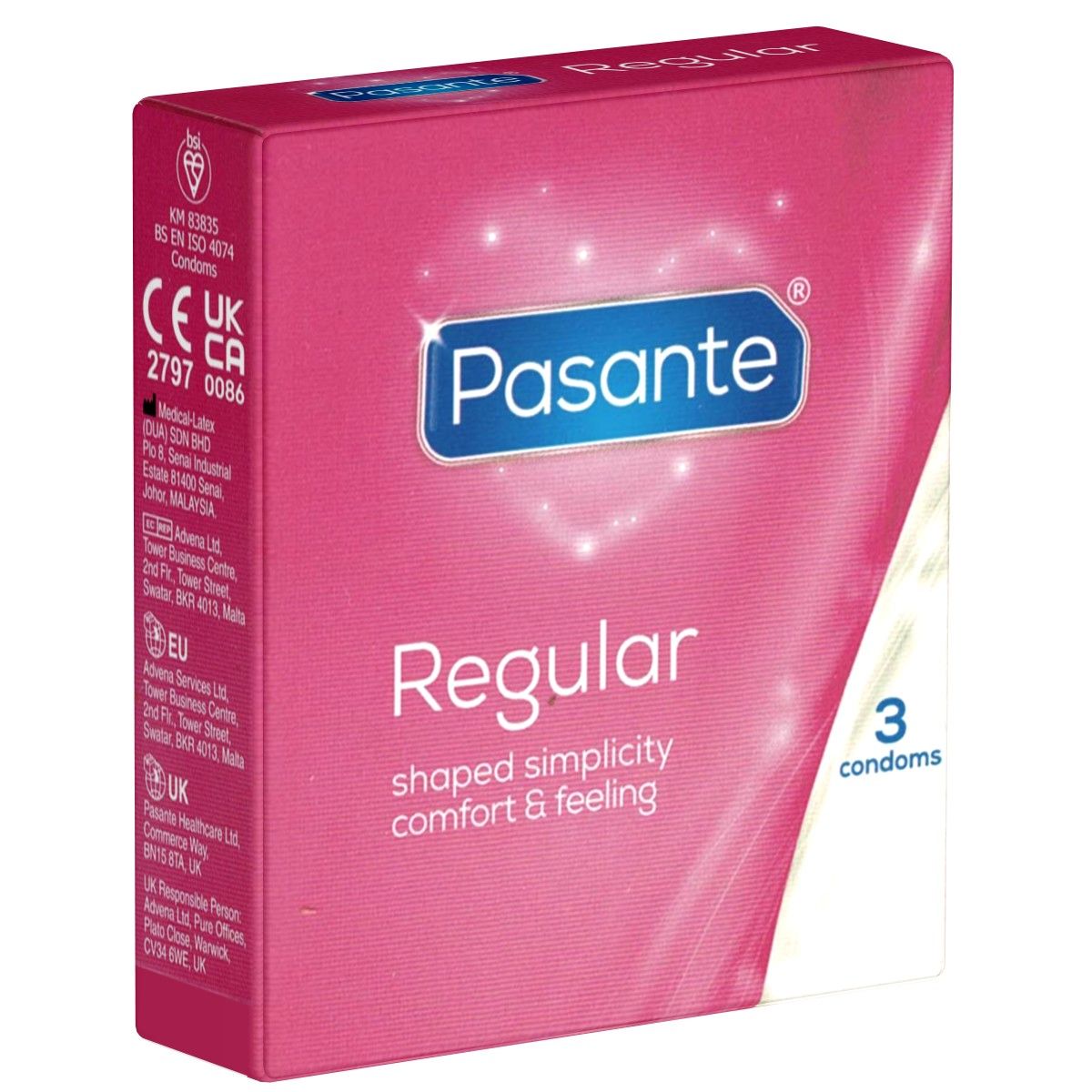 Boîte rose de préservatifs Pasante Regular. 3 unités. Marquage CE et autres informations.