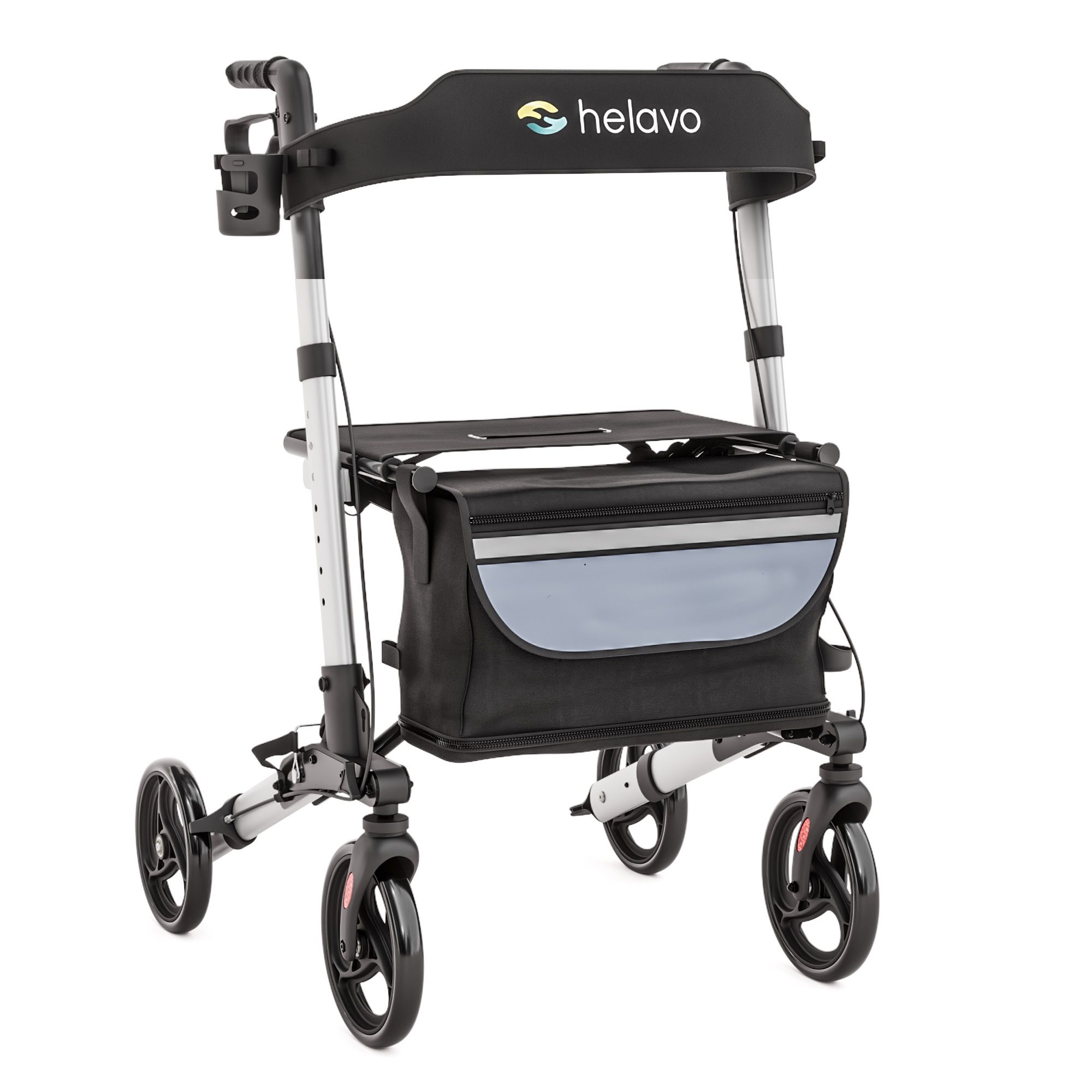 Rollator pliable en aluminium avec siège et sac, argent et noir.