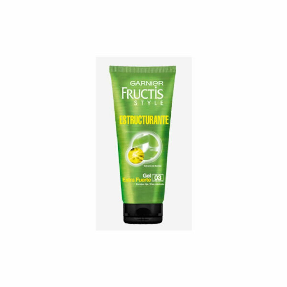 Tube verte avec bouchon noir. Inscription: Garnier Fructis Style, Gel Extra Forte. Gel 03.