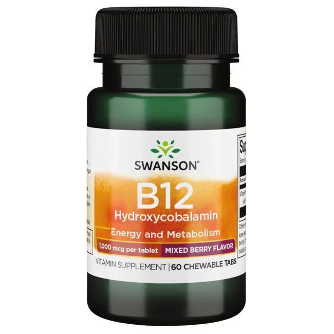 Flacon vert avec bouchon noir. Étiquette "SWANSON B12 Hydroxycobalamin". 60 comprimés à croquer, 1000 mcg par comprimé.