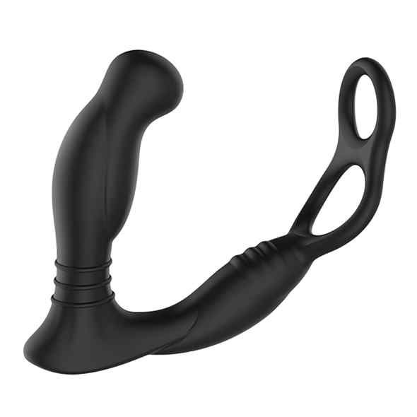 Produit de bien-être noir incurvé avec deux anneaux et une extrémité arrondie. Texture cannelée sur la partie incurvée.
