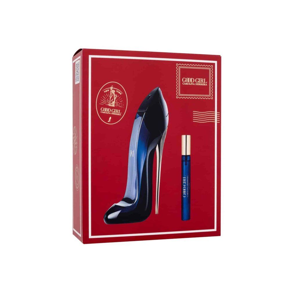 Coffret cadeau Carolina Herrera Good Girl avec flacon de parfum en forme de chaussure et petit roller.