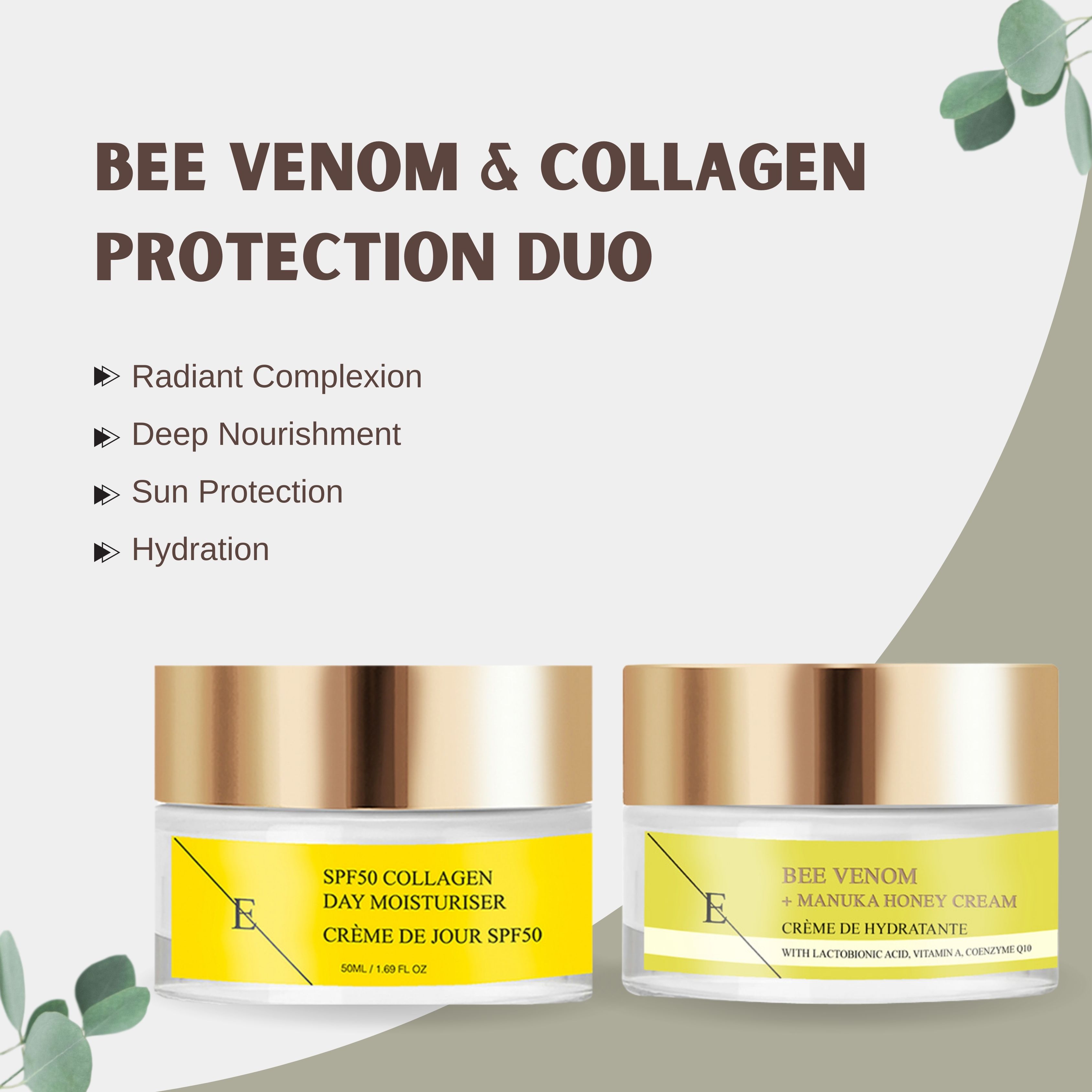 Deux pots de crème avec étiquettes jaunes. L'un indique "SPF50 COLLAGEN DAY MOISTURISER". L'autre affiche "BEE VENOM + MANUKA HONEY CREAM".