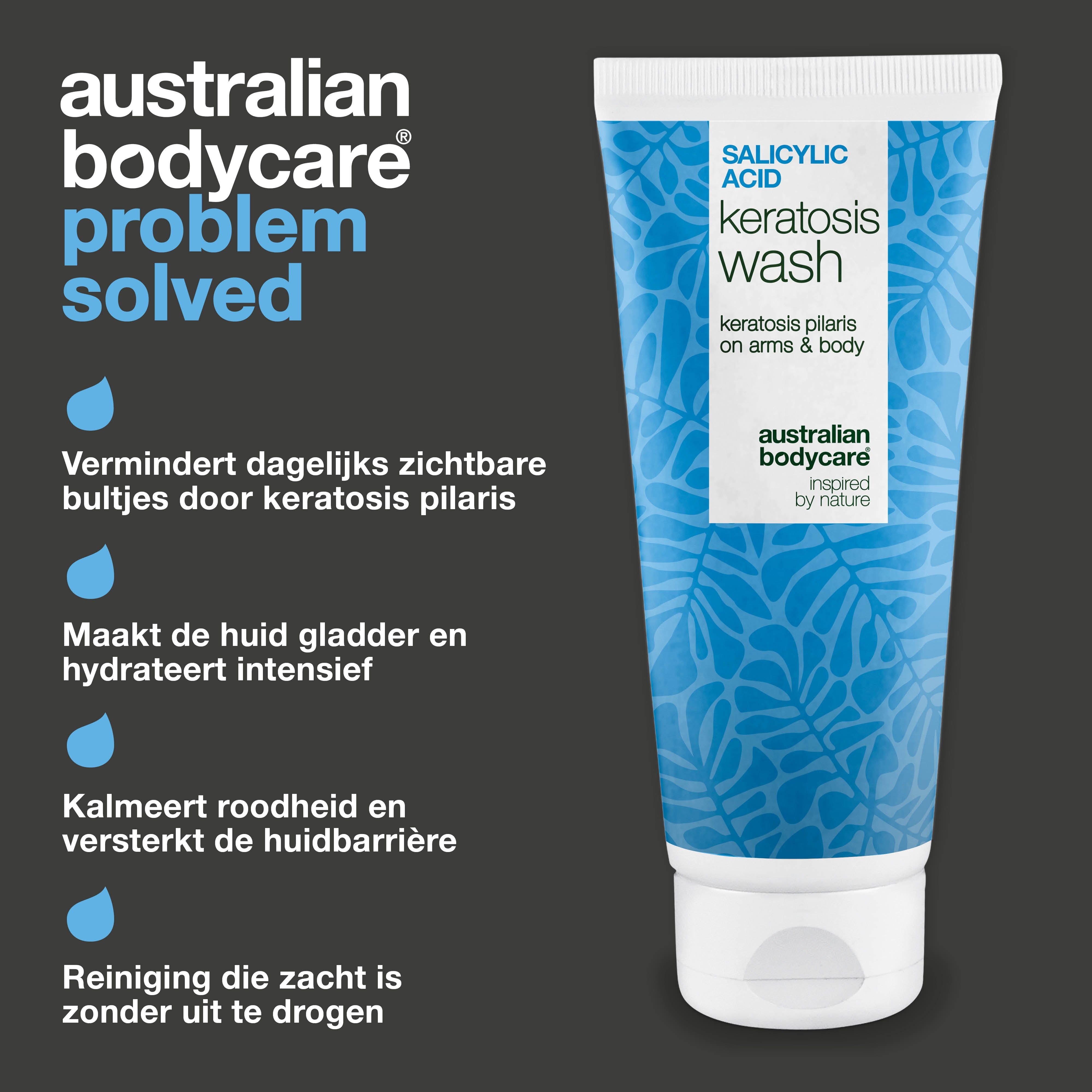Tube met tekst: Salicylic Acid Keratosis Wash. Merk: Australian Bodycare. Tekst: Vermindert bultjes, maakt huid glad.
