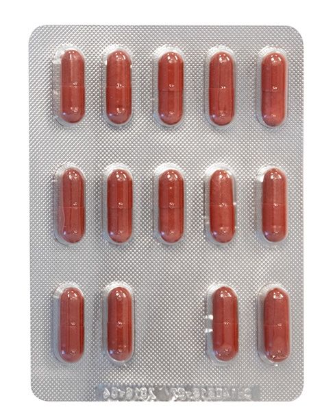 Blisterverpakking met 12 bruine capsules. Capsules gerangschikt in een zilveren blisterverpakking.