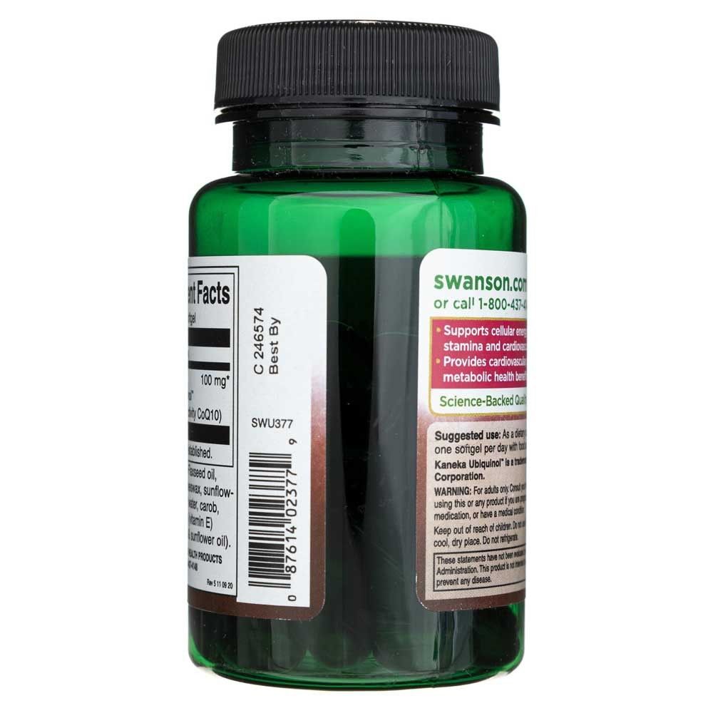 Côté d'une bouteille Swanson Ubiquinol 100 mg avec informations produit et site web.