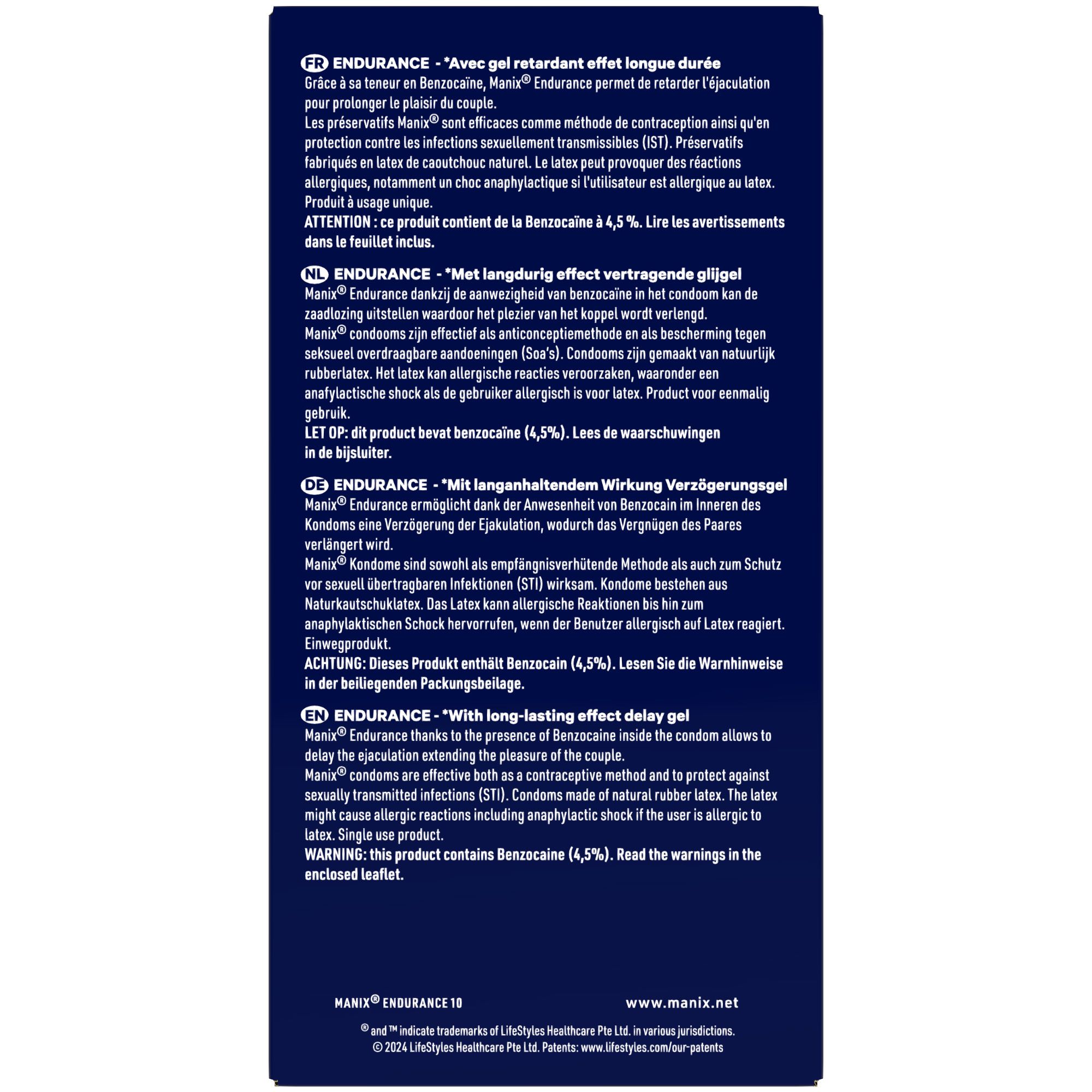 Emballage de préservatifs Manix Endurance avec informations produit.