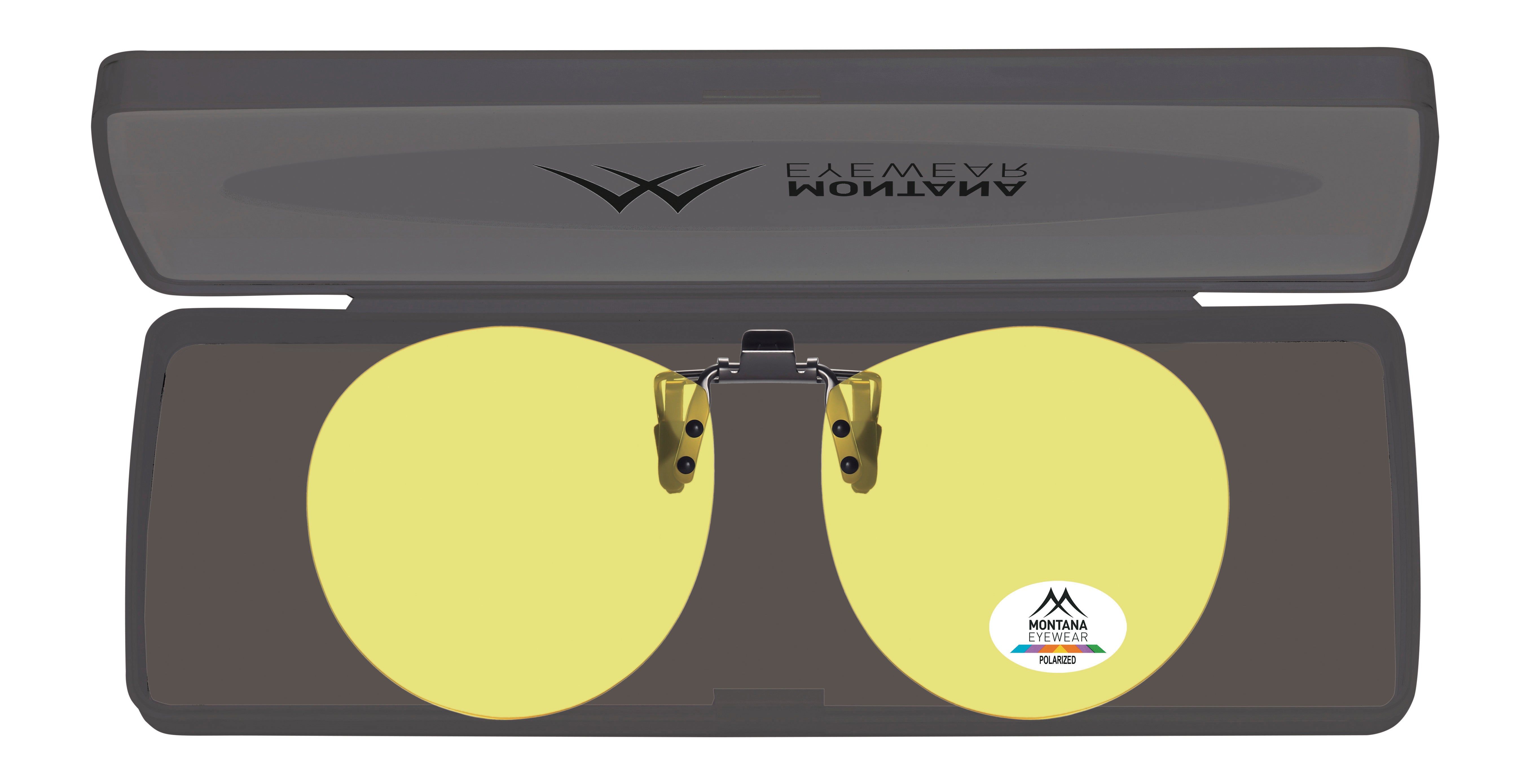 Lunettes de soleil clip-on jaunes dans un étui gris. Logo Montana Eyewear. Verres polarisés.