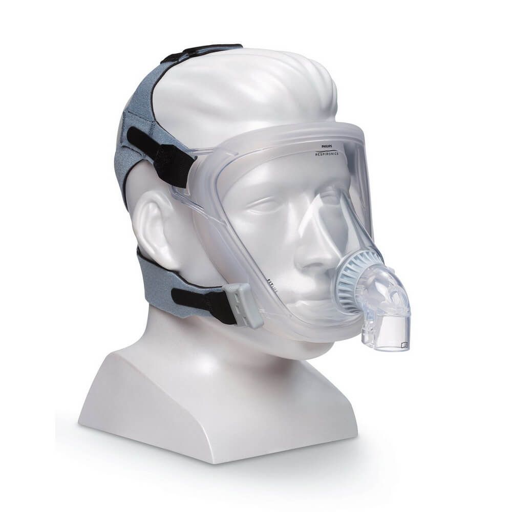 Masque facial complet Philips CPAP sur un mannequin, façade transparente, bandeau gris.