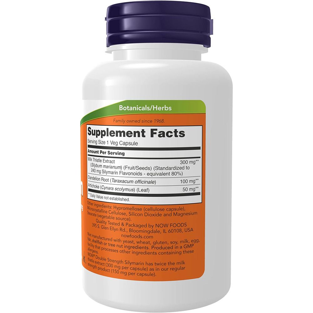 Flacon blanc, bouchon bleu. Étiquette orange avec "Supplement Facts", ingrédients, 300mg Silymarine. Certification GMP.