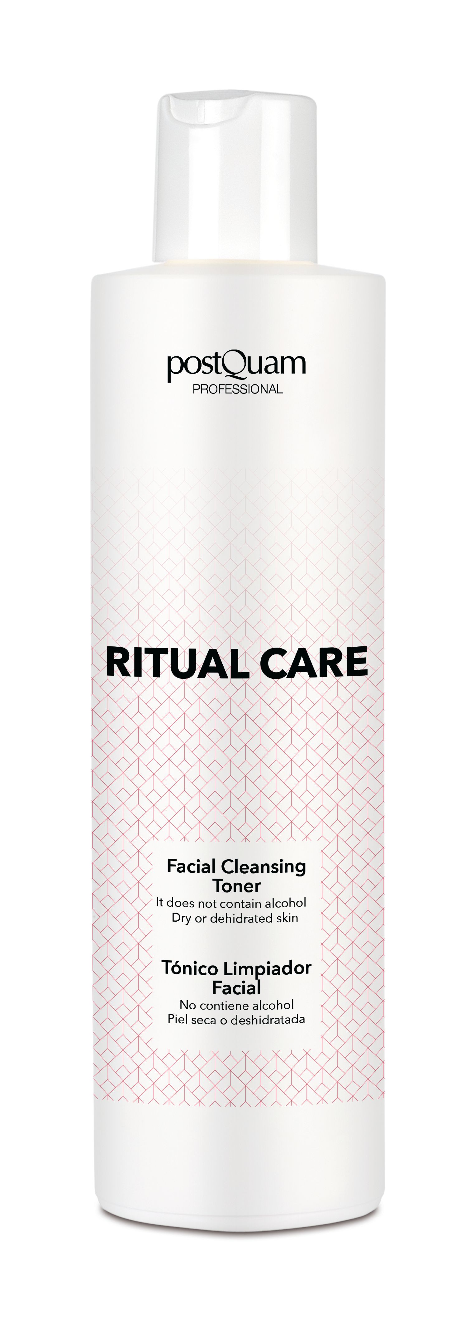 Flacon blanc Ritual Care. Texte: postQuam, Ritual Care, Facial Cleansing Toner. Pour peau sèche.