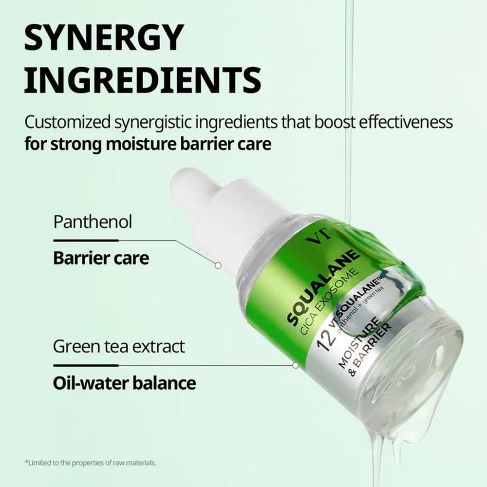 Fles met pipet. Opschrift: Squalane Cica Exosome. Tekst: Synergy Ingredients, Panthenol, Barrier care, Green tea extract, Oil-water balance.