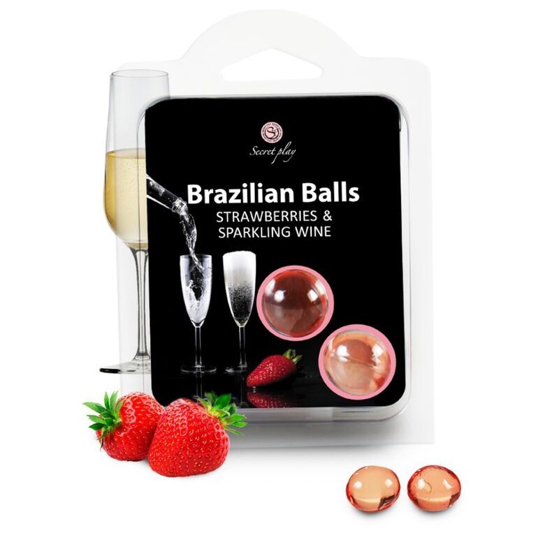 Secret Play Brazilian Balls Aardbeien & Champagne, drie balletjes in blisterverpakking, met aardbeien en champagneglazen.
