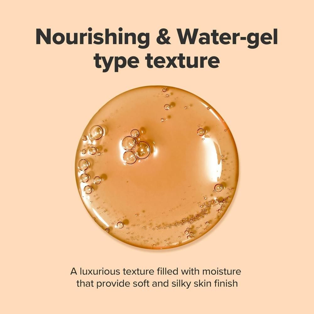 Beauty of Joseon Revive Serum: Close-up van de gouden textuur in een cirkel, met tekst over de textuur.