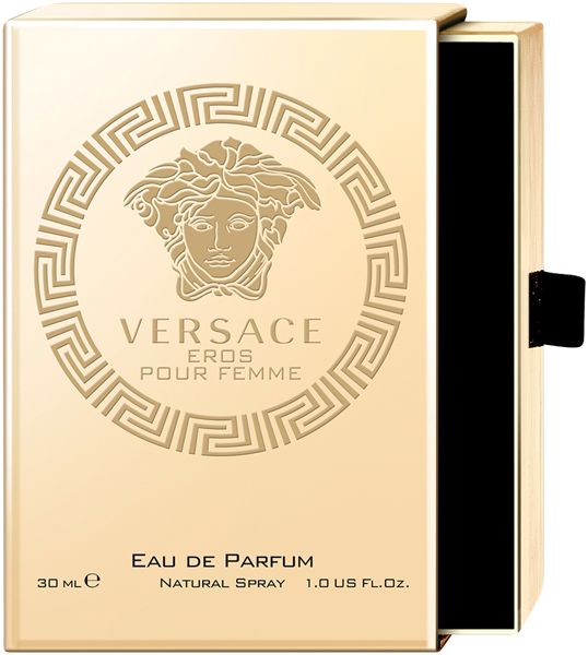 Gouden verpakking met flesmotief en opschrift: Versace Eros Pour Femme Eau de Parfum. 30 ml.