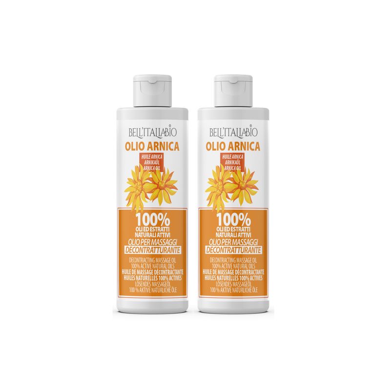 Twee flessen Olio Arnica. Opschrift: 100% natuurlijke extracten, olie voor ontspannende massages. Merk: Bellita Bio.
