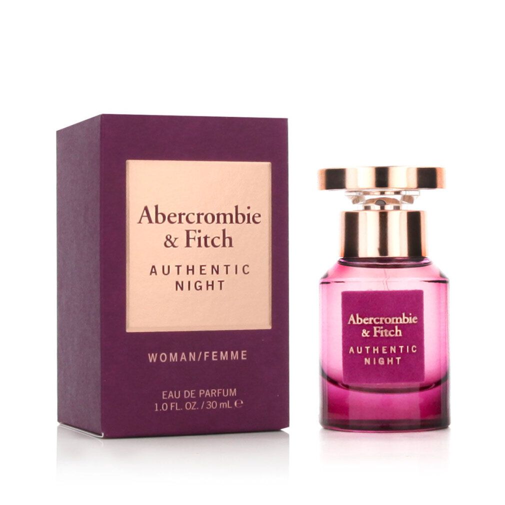 Flacon et emballage. Le flacon indique "Abercrombie & Fitch Authentic Night". Emballage avec logo.