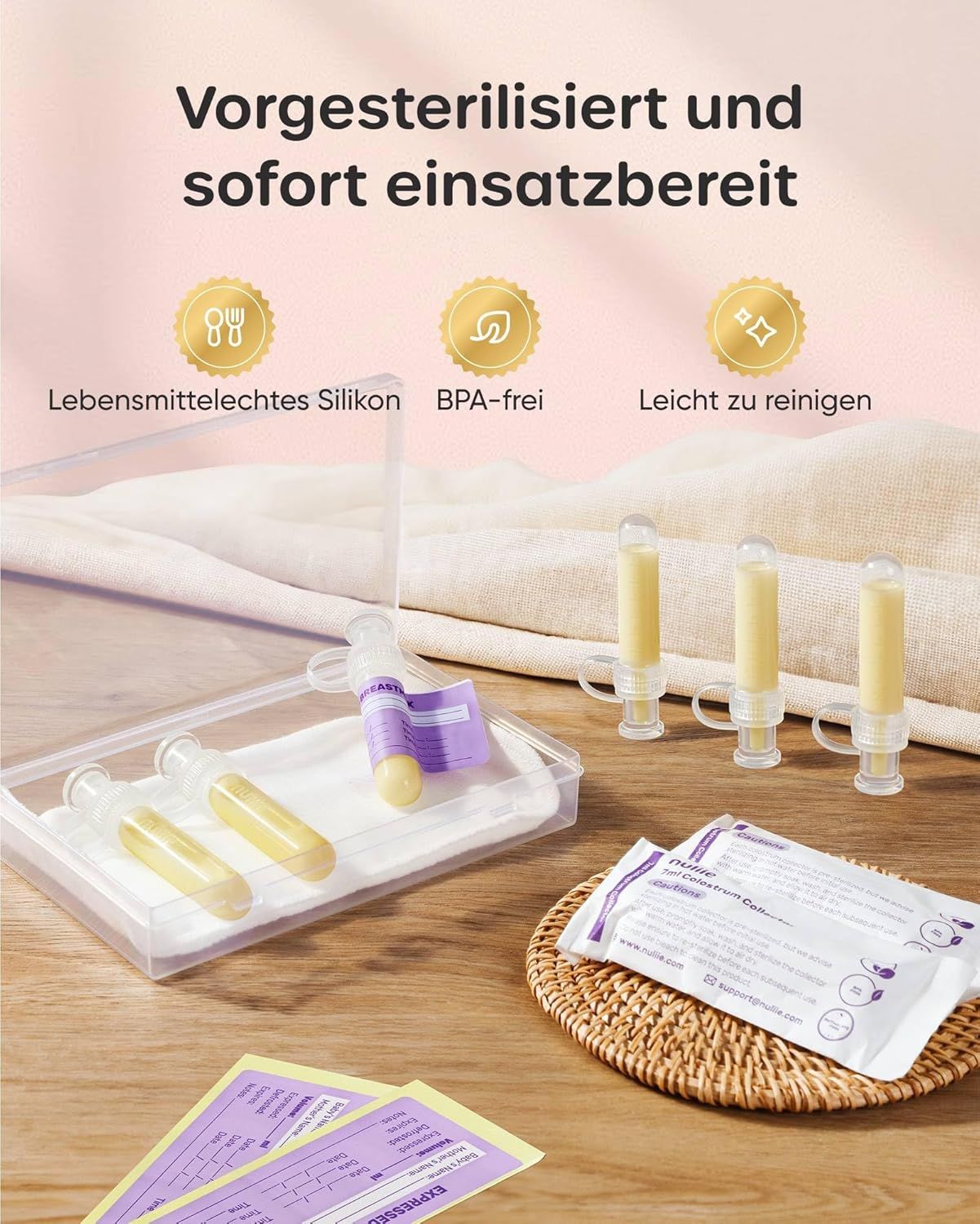Tubes de collecte de colostrum pré-stérilisés dans une boîte transparente. Silicone alimentaire, sans BPA, facile à nettoyer.