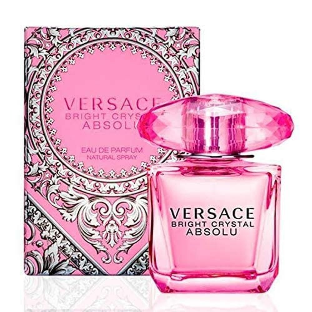 Roze fles en verpakking. Opschrift: VERSACE BRIGHT CRYSTAL ABSOLU. Eau de Parfum.