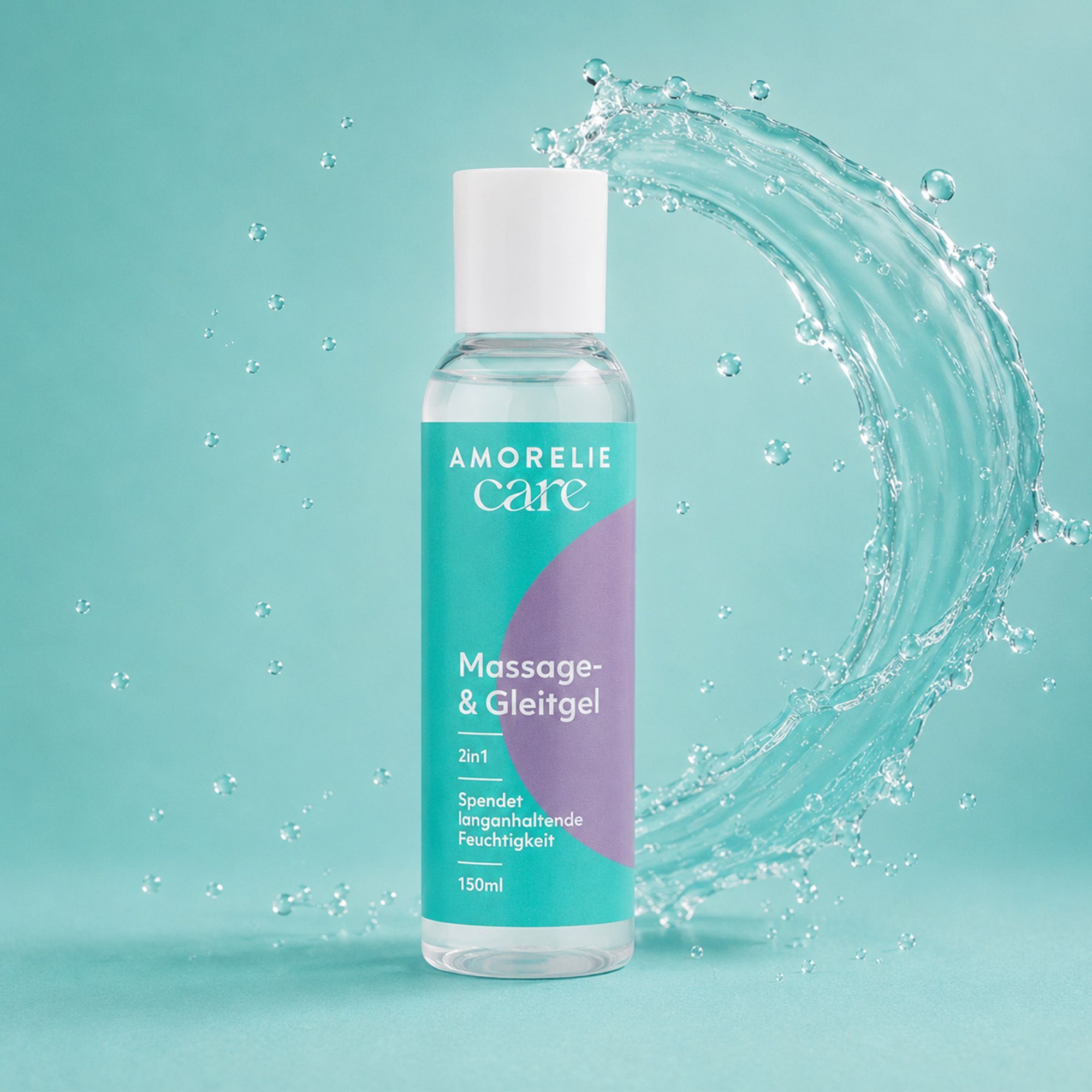 Flacon AMORELIE Care Gel de massage & lubrifiant 2en1 avec éclaboussures d'eau.