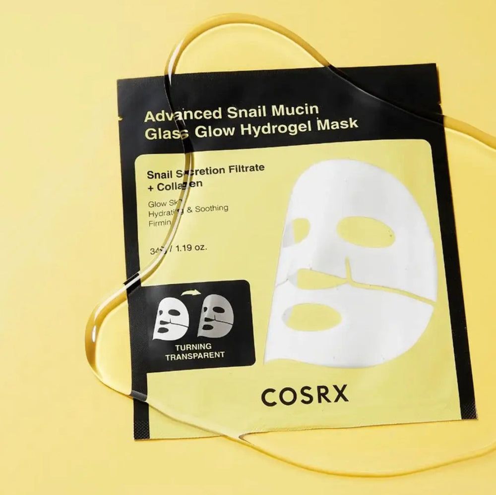 Verpakking van de Advanced Snail Mucin Glass Glow Hydrogel Mask met COSRX logo en serum.