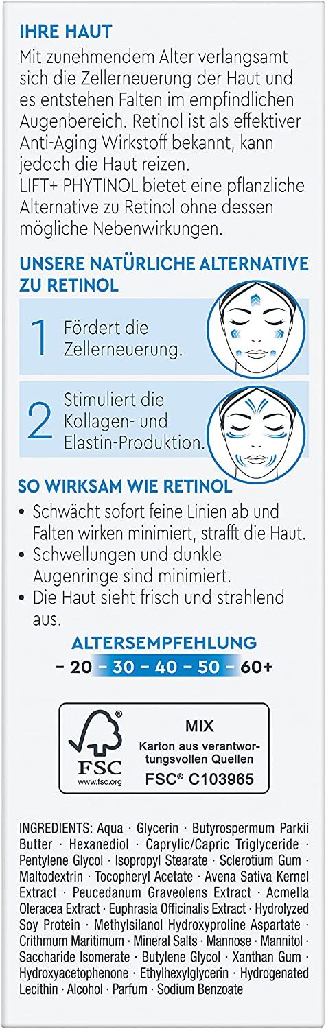 Tube de crème contour des yeux anti-âge Diadermine Lift+ Phytinol avec informations détaillées sur l'application et les ingrédients.