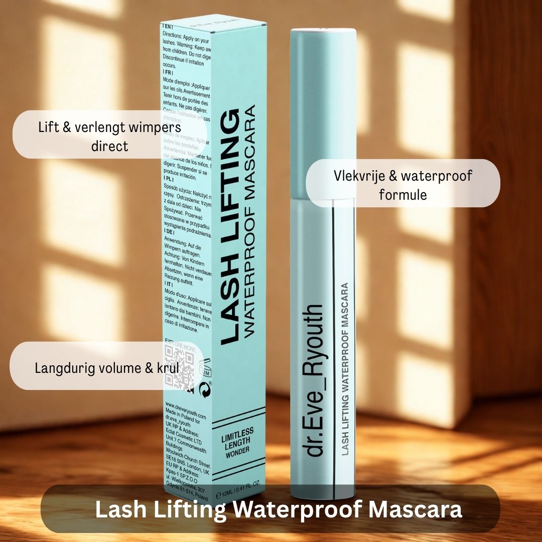Mascara verpakking en flacon. Tekst: 'Lash Lifting Waterproof Mascara', 'Limitless Length Wonder'.