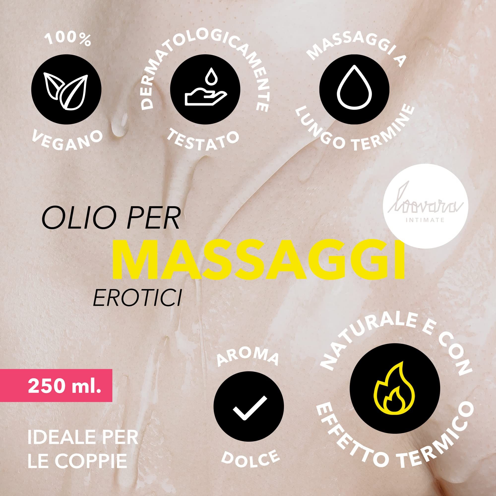 Huile de massage jaune avec inscription 'Olio per Massaggi Erotici'. 250 ml. Végétalien, testé dermatologiquement.