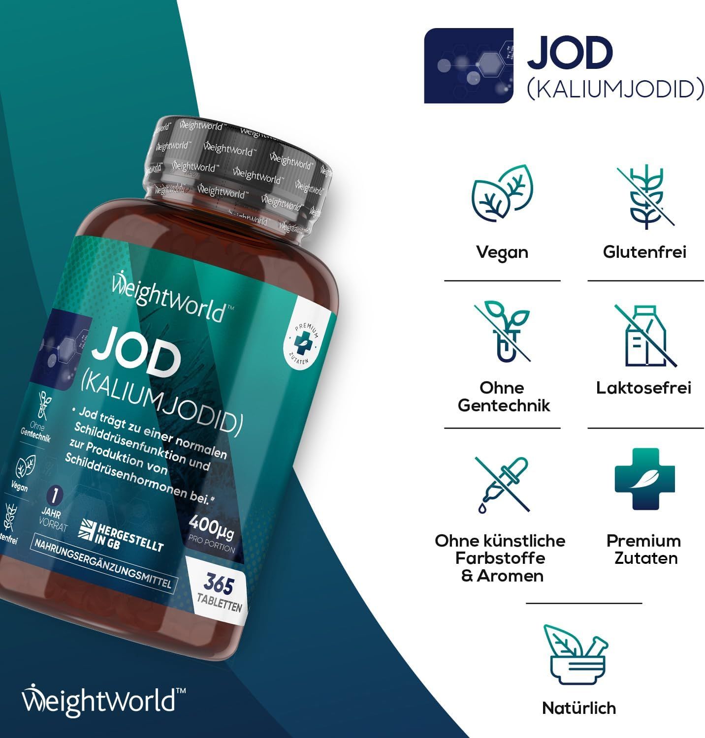 Bruine fles met tabletten. Opschrift: WeightWorld Jodium (kaliumjodide). Iconen: Vegan, glutenvrij, zonder genetische manipulatie, lactosevrij.
