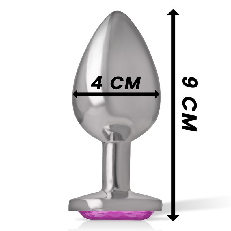 Zilveren anale plug met paarse edelsteen. Lengte 9 cm, breedte 4 cm.