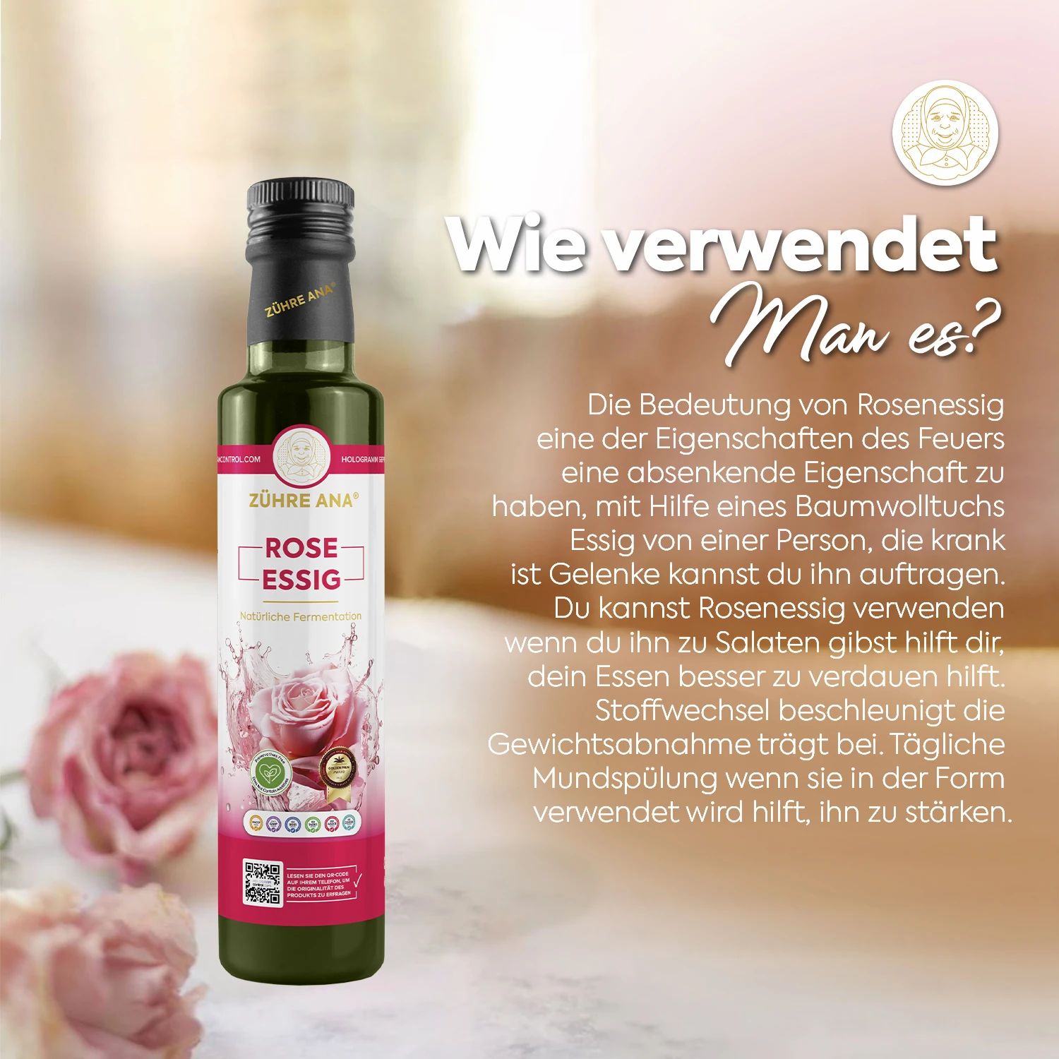 Bouteille de vinaigre de rose avec le texte 'Wie verwendet Man es?' et des explications.