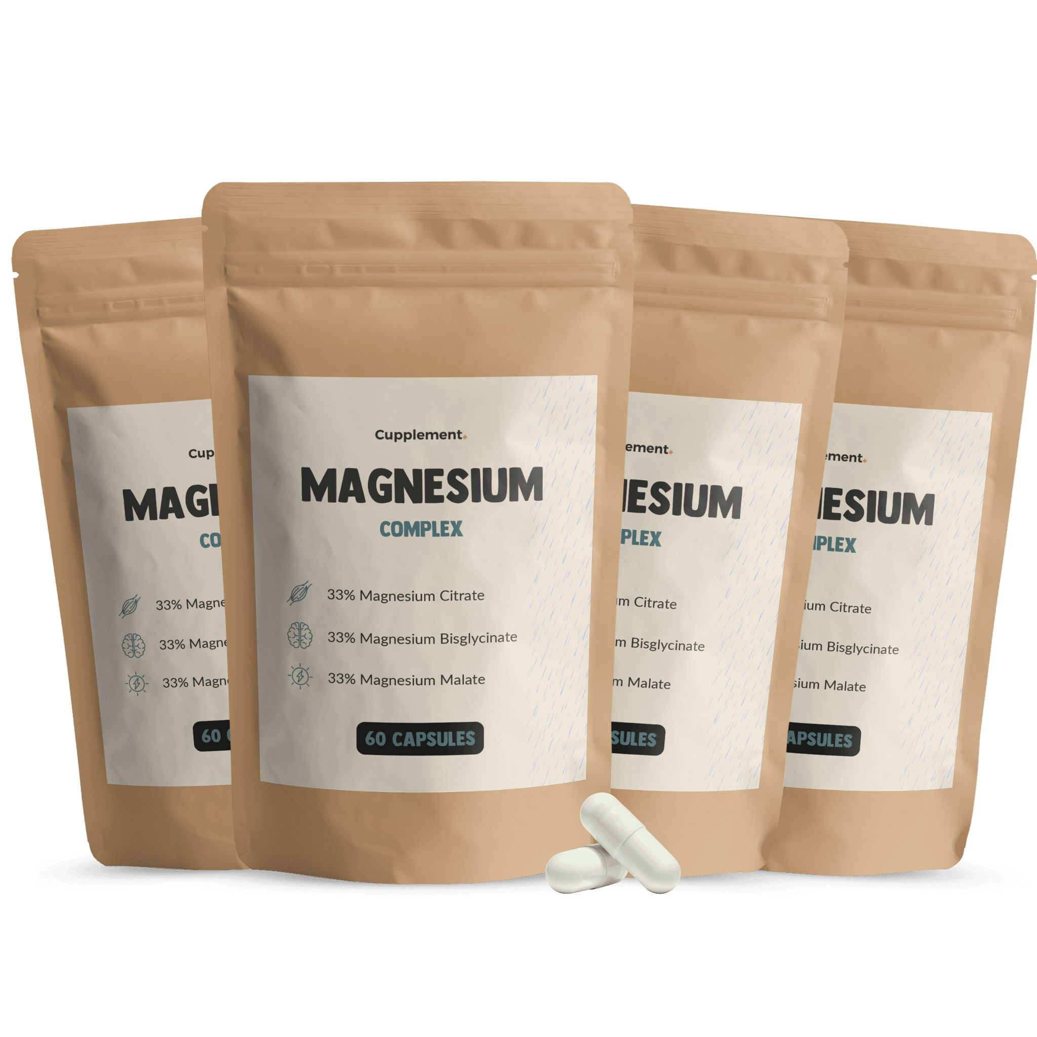 Vier pakken Magnesium Complex capsules, bruin, met wit etiket en 60 capsules.